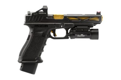 NineX19 Enhanced Magwell for Glock 17/34/45 - Black Magwell Gold Barrel X1 RMR Cut Slide