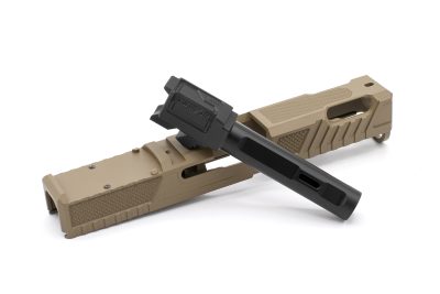 NineX19 Vapor Ported Barrel & Slide Combo for Glock 19 Gen 4/5 Hybrid - Black Barrel - FDE Slide Disassembled