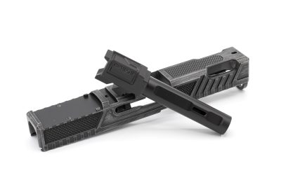 NineX19 Vapor Ported Barrel & Slide Combo for Glock 19 Gen 4/5 Hybrid - Black Barrel - Sig Dark Gray Slide Disassembled