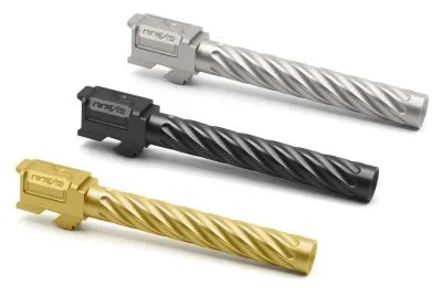Stainless, black, and gold NineX19 Revolution Barrels for Glock 34 Gen 5